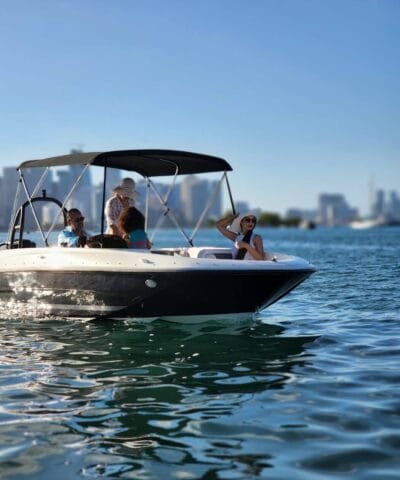 Group enjoying a boat rental on Biscayne Bay